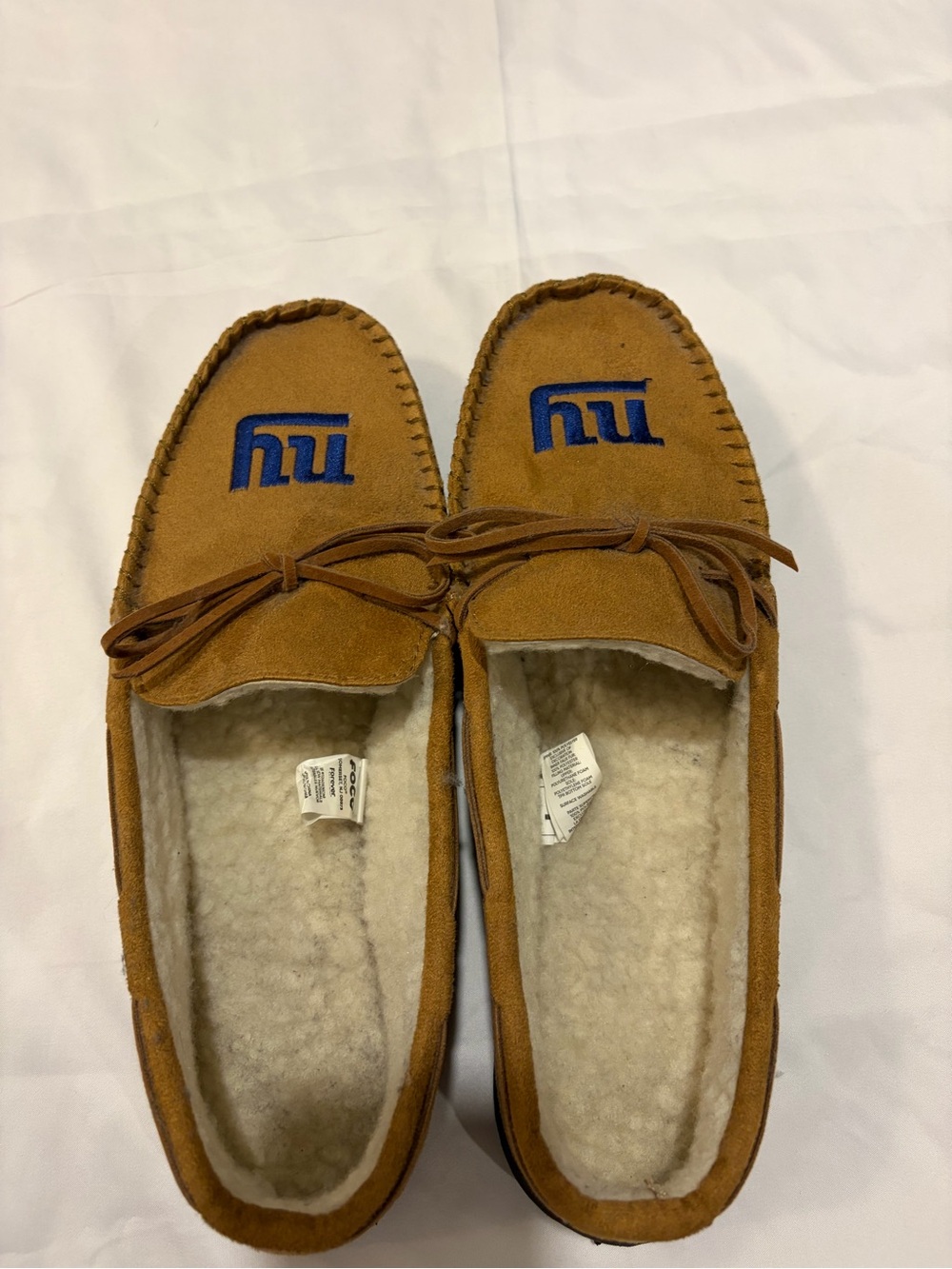 Men's Tan Suede Fleece-Lined Slip-On Moccasins with NY Giants Embroidered Logo
